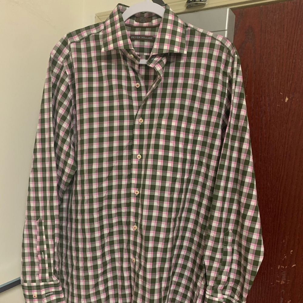 Peter Millar Shirt Mens Medium Brown Pink Long Sleeve Button Down